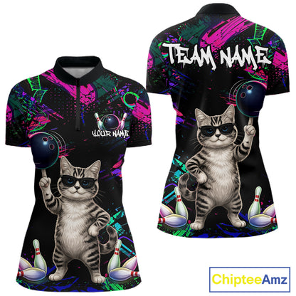 Personalized Funny Cat Graffiti Bowling Shirt For Women Custom Bowling Jersey Team Polo & 1/4 Zip TDM6456