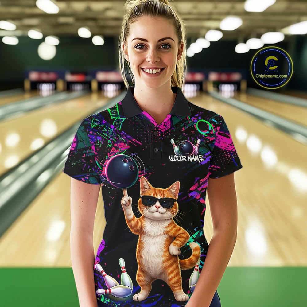 Personalized Funny Cat Graffiti Bowling Jersey For Women Custom Bowling Team Shirts Polo & 1/4 Zip TDM6457