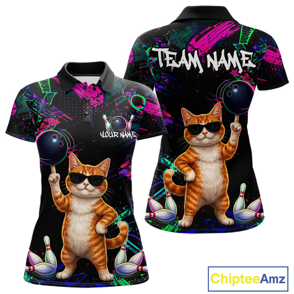 Personalized Funny Cat Graffiti Bowling Jersey For Women Custom Bowling Team Shirts Polo & 1/4 Zip TDM6457