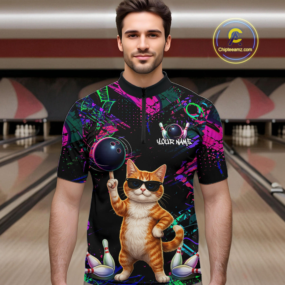 Personalized Funny Cat Graffiti Bowling Jersey For Men Custom Bowling Team Shirts Polo & 1/4 Zip TDM6457