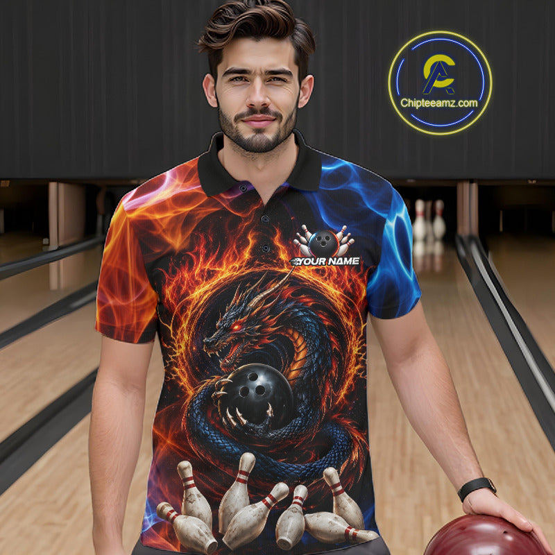 Man wearing personalized dragon fire flame bowling team jersey polo shirt featuring dragon artwork, front view.