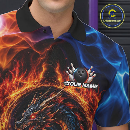 Close-up of personalized dragon fire flame bowling team jersey polo shirt featuring collar, buttons and dragon fire flame artwork.
