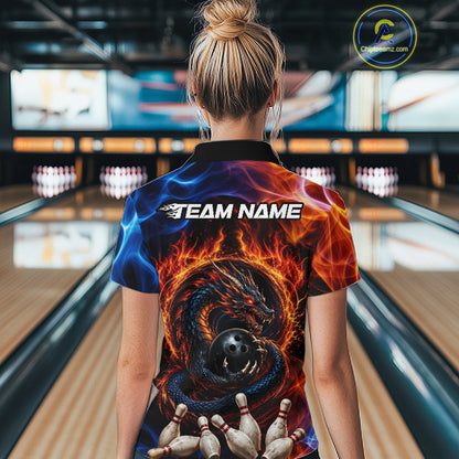 Woman wearing personalized dragon fire flame bowling team jersey polo shirt featuring dragon artwork, back view.