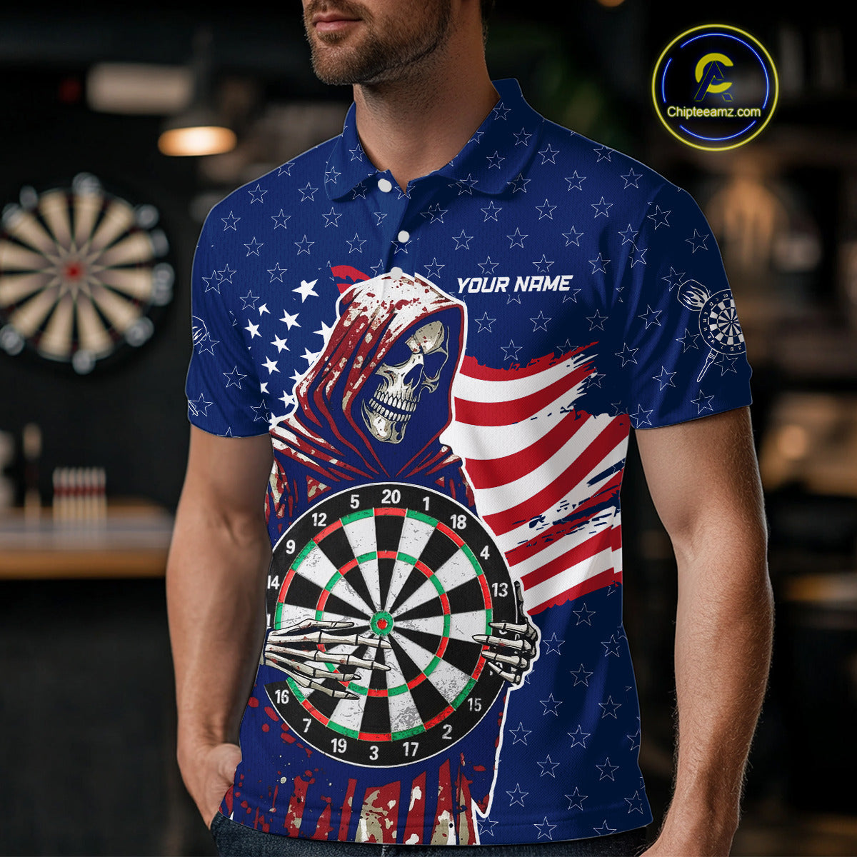 American Flag Grim Reaper Darts Shirt For Men Custom Patriotic Darts Jersey Team Polo & 1/4 Zip TDM5148