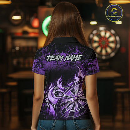 Black And Purple Dartboard Tribal Flame Darts Polo & 1/4 Zip For Women Custom Darts Team Jersey TDM6014
