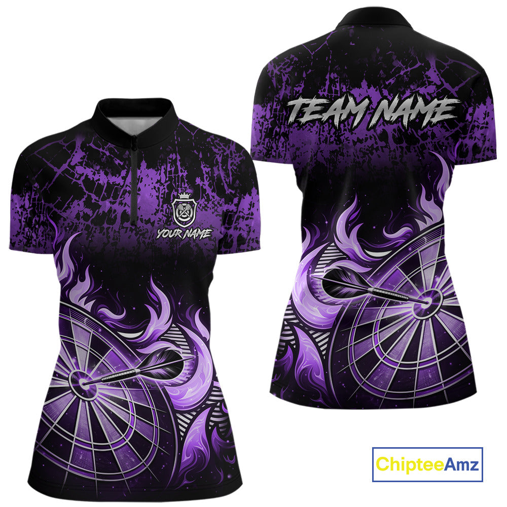 Black And Purple Dartboard Tribal Flame Darts Polo & 1/4 Zip For Women Custom Darts Team Jersey TDM6014