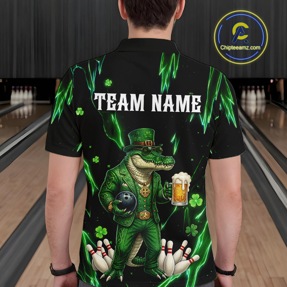 Custom Green St Patricks Alligator Bowling Shirt For Men, Lucky Bowling Team Jersey Polo & 1/4 Zip TDM6266
