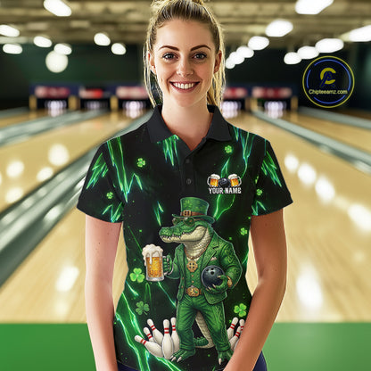 Custom Green St Patricks Alligator Bowling Shirt For Women, Lucky Bowling Team Jersey Polo & 1/4 Zip TDM6266