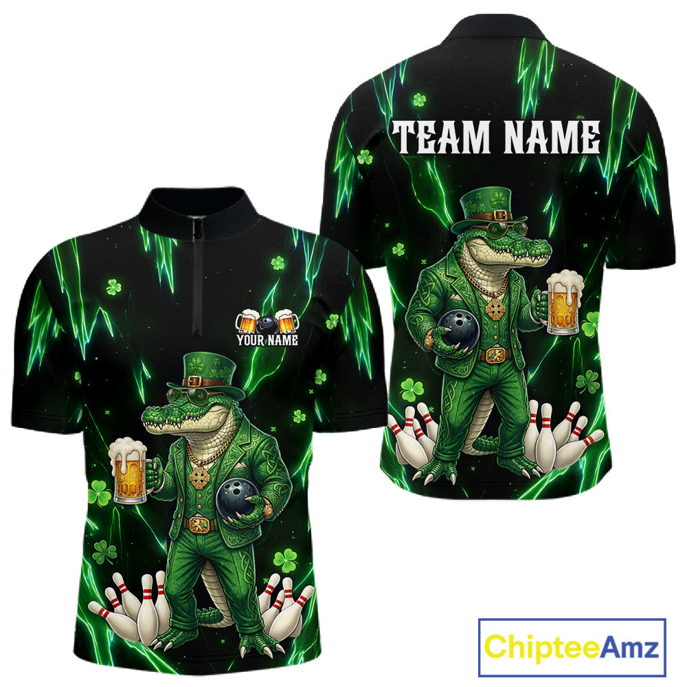 Custom Green St Patricks Alligator Bowling Shirt For Men, Lucky Bowling Team Jersey Polo & 1/4 Zip TDM6266