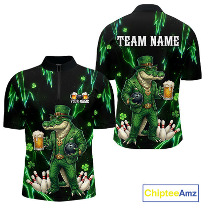 Custom Green St Patricks Alligator Bowling Shirt For Men, Lucky Bowling Team Jersey Polo & 1/4 Zip TDM6266