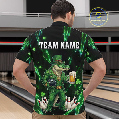 Custom Green St Patricks Alligator Bowling Shirt For Men, Lucky Bowling Team Jersey Polo & 1/4 Zip TDM6266