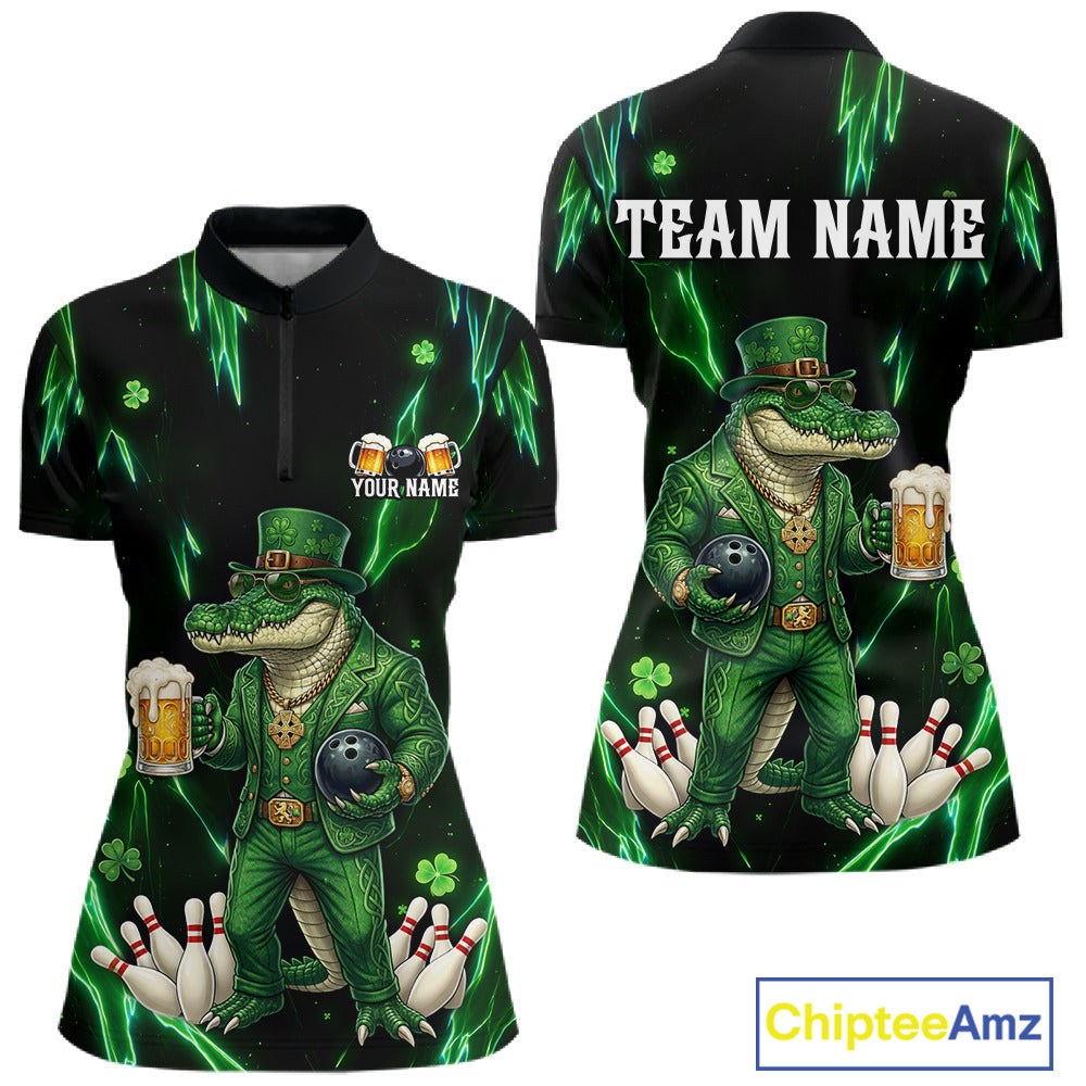 Custom Green St Patricks Alligator Bowling Shirt For Women, Lucky Bowling Team Jersey Polo & 1/4 Zip TDM6266