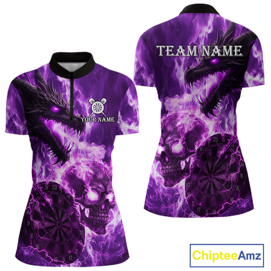 Personalized Purple Flaming Dragon And Skull Darts Shirt For Women Custom 3D Fire Darts Team Jersey TDM4959