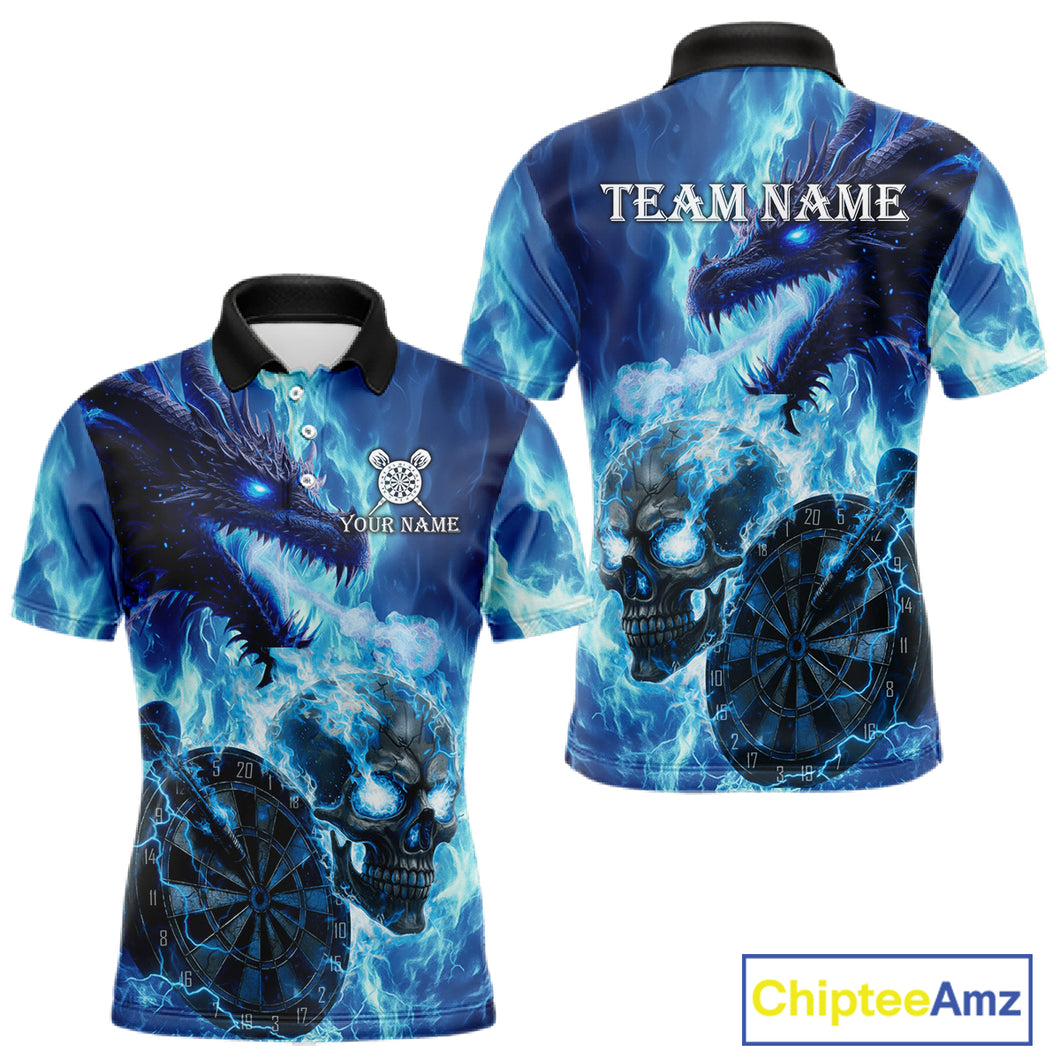 Personalized Blue Flaming Dragon And Skull Darts Shirt For Men Custom 3D Fire Darts Team Jersey TDM4960