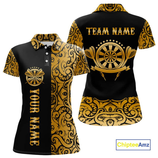 Black And Gold Custom Tribal Darts Shirt For Women, Personalized Darts Jersey Team Polo & Quarter Zip TDM5392