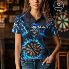 Load image into Gallery viewer, Blue Grim Reaper Thunder Lightning Womens Dart Shirts Custom Flame Dart Jerseys Team Polo &amp; 1/4 Zip TDM5174