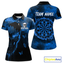 Load image into Gallery viewer, Black And Blue Grunge Skull Butterflies Darts Shirt For Women Custom Dart Jersey Team Polo &amp; 1/4 Zip TDM4993