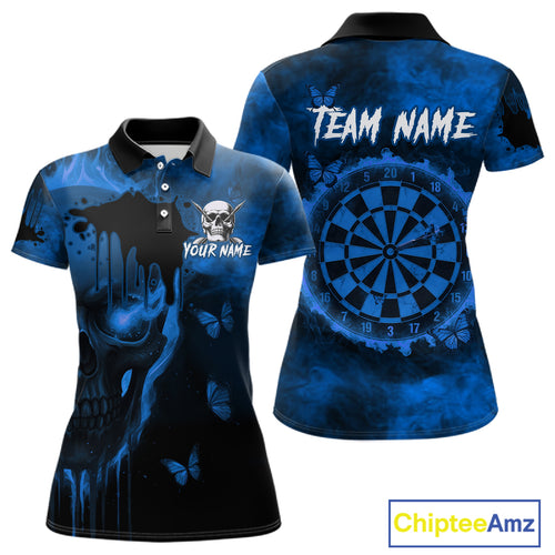 Black And Blue Grunge Skull Butterflies Darts Shirt For Women Custom Dart Jersey Team Polo & 1/4 Zip TDM4993