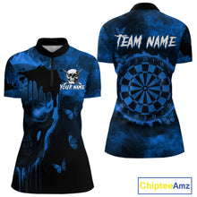 Load image into Gallery viewer, Black And Blue Grunge Skull Butterflies Darts Shirt For Women Custom Dart Jersey Team Polo &amp; 1/4 Zip TDM4993
