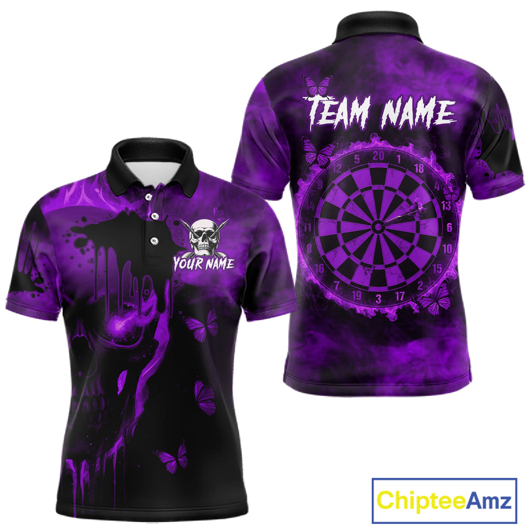 Black And Purple Grunge Skull Butterflies Darts Shirt For Men Custom Dart Jersey Polo & 1/4 Zip TDM4994