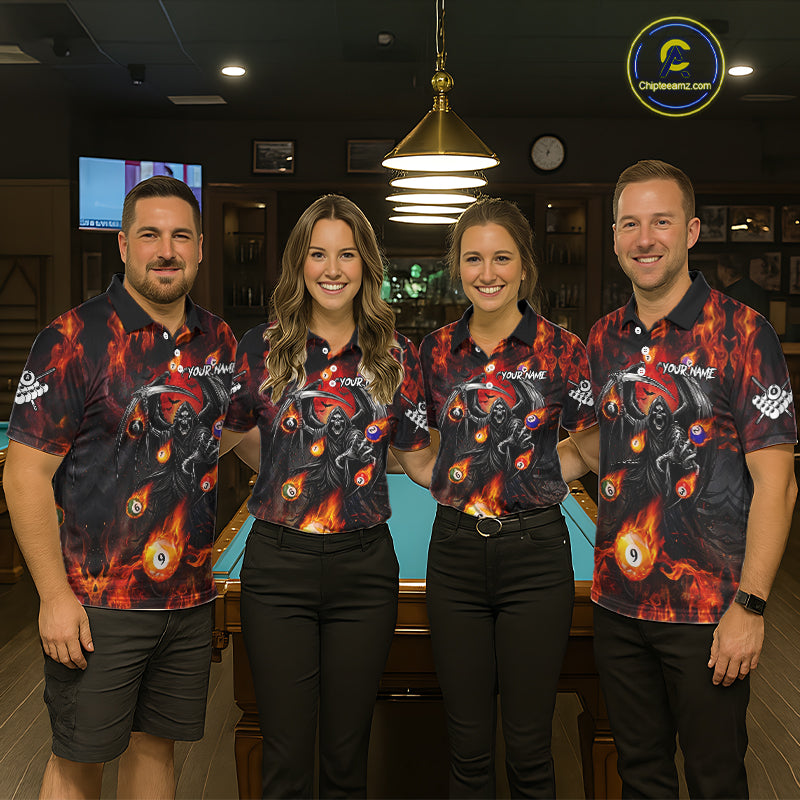 Orange Flaming Grim Reaper Billiard Shirt For Men Custom Fire Pool Team Jersey Polo & Quarter Zip TDM6077