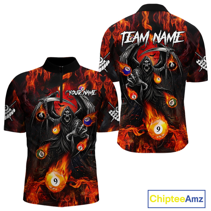 Orange Flaming Grim Reaper Billiard Shirt For Men Custom Fire Pool Team Jersey Polo & Quarter Zip TDM6077