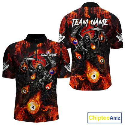 Orange Flaming Grim Reaper Billiard Shirt For Men Custom Fire Pool Team Jersey Polo & Quarter Zip TDM6077