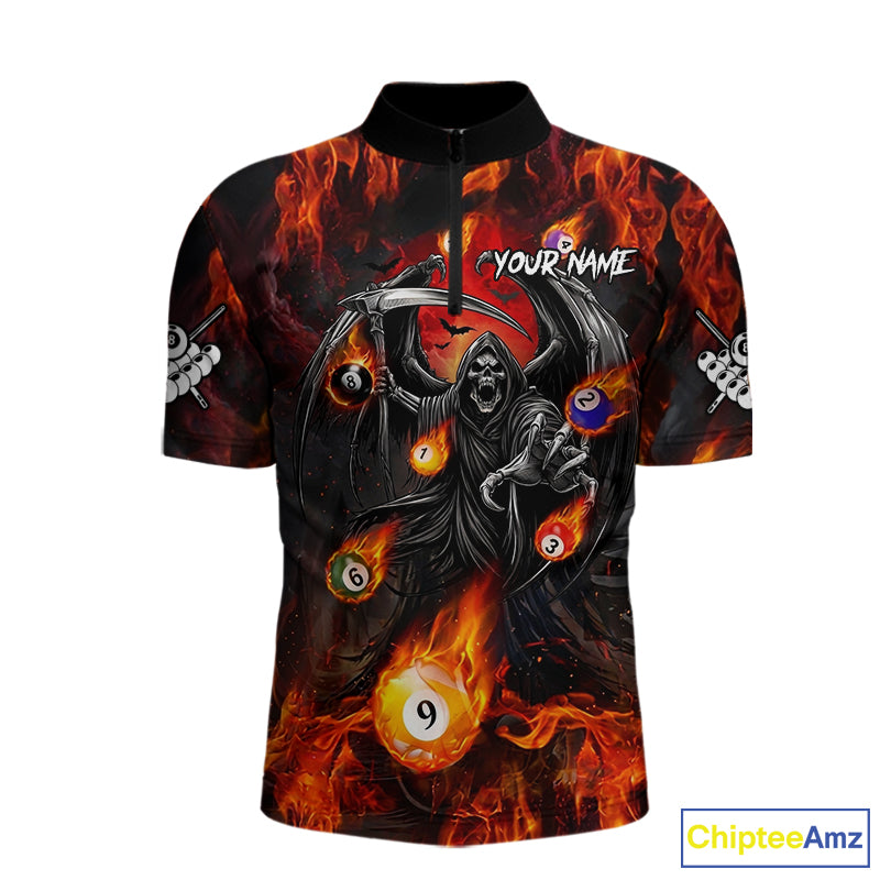 Orange Flaming Grim Reaper Billiard Shirt For Men Custom Fire Pool Team Jersey Polo & Quarter Zip TDM6077