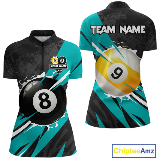 Black And Turquoise 8 Ball & 9 Ball Billiard Shirt For Women Custom Pool Jersey, Billiard Team Shirt TDM5021