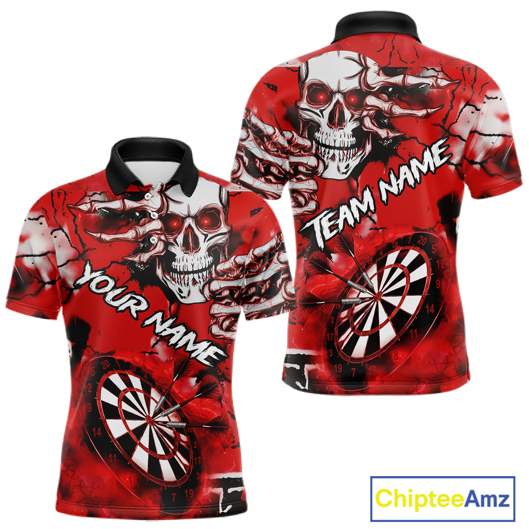 Personalized Red Grunge Skull Darts Shirt For Men Custom Darts Team Jersey Polo & Quarter Zip TDM5028