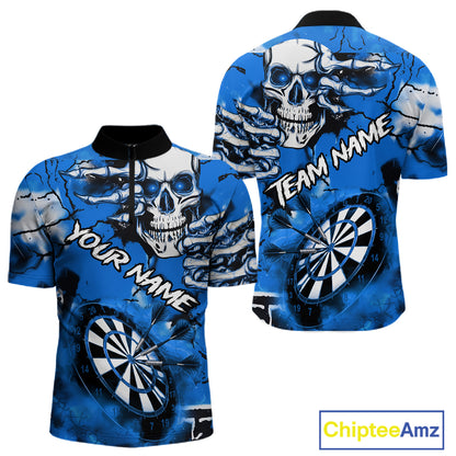 Personalized Blue Grunge Skull Darts Shirt For Men Custom Darts Team Jersey Polo & Quarter Zip TDM5029