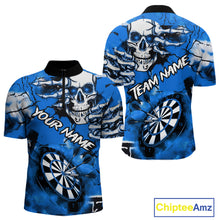 Load image into Gallery viewer, Personalized Blue Grunge Skull Darts Shirt For Men Custom Darts Team Jersey Polo &amp; Quarter Zip TDM5029