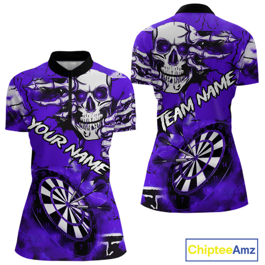Personalized Purple Grunge Skull Darts Shirt For Women Custom Darts Team Jersey Polo & Quarter Zip TDM5030