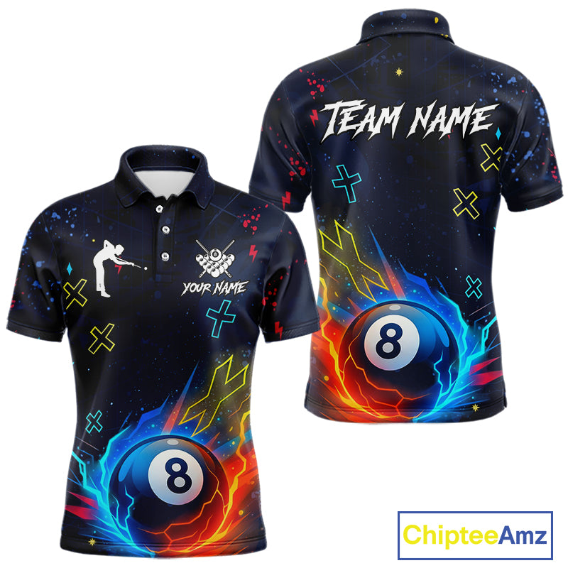 Funny Neon 8 Ball Billiard Shirt For Men Custom Navy Blue Pool Team Shirt Polo & 1/4 Zip TDM5491