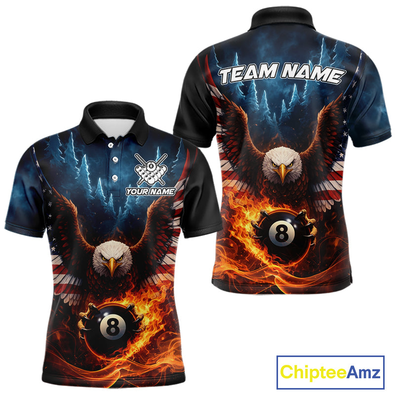 American Flag Eagle 8 Ball Flame Billiard Shirt For Men Custom Patriotic Pool Jersey Polo, 1/4 Zip TDM5754