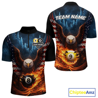 American Flag Eagle 8 Ball & 9 Ball Flame Billiard Shirt For Men Custom Patriotic Billiard Jersey TDM5755