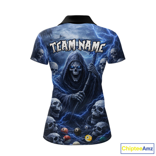Blue Grim Reaper Lightning Billiard Shirt For Women Custom Skull Pool Team Jersey Polo & 1/4 Zip TDM5963