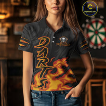 Load image into Gallery viewer, Black And Orange Custom Fire Flame Skull Darts Shirt For Women, Darts Jersey Team Polo &amp; 1/4 Zip TDM5057