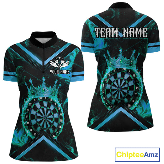 Black And Turquoise Dartboard Crown Darts Shirt For Women Custom Dart Jerseys Team Polo & 1/4 Zip TDM5280