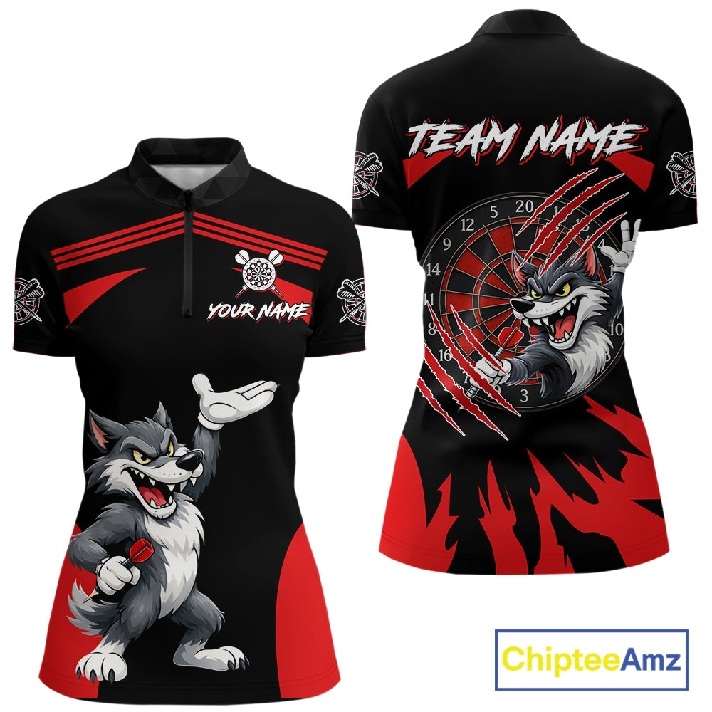 Black And Red Funny Wolf Darts Shirt For Women Custom Darts Jersey, Darts Outift Polo & 1/4 Zip TDM6142