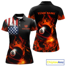 Load image into Gallery viewer, Orange Flaming American Flag 8 Ball Billiard Shirt For Women Custom Patriotic Pool Team Jersey TDM4841