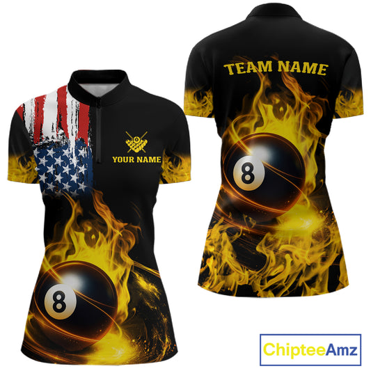 Yellow Flaming American Flag 8 Ball Billiard Shirt For Women Custom Patriotic Pool Team Jersey TDM4843