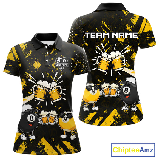 Yellow Black Funny Beer Billiard Shirt For Women Custom 8 Ball & 9 Ball Pool Jersey Polo & 1/4 Zip TDM5288