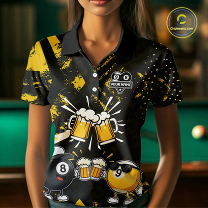 Yellow Black Funny Beer Billiard Shirt For Women Custom 8 Ball & 9 Ball Pool Jersey Polo & 1/4 Zip TDM5288