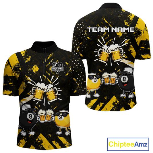 Yellow Black Funny Beer Billiard Shirt For Men Custom 8 Ball & 9 Ball Pool Jersey Polo & 1/4 Zip TDM5288