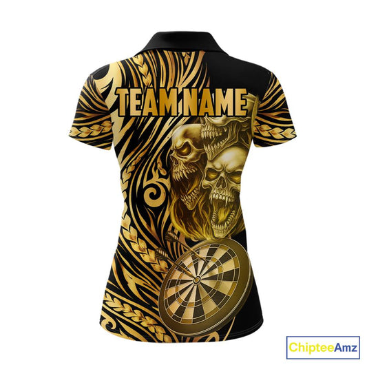 Black And Gold Custom Skull Darts Shirt For Women, Tribal Darts Team Jersey Polo & Quarter Zip TDM5805