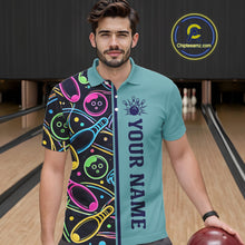 Load image into Gallery viewer, Personalized Funny Neon Bowing Shirt For Men, Retro Bowling Team Jersey Polo &amp; 1/4 Zip | Teal TDM6187