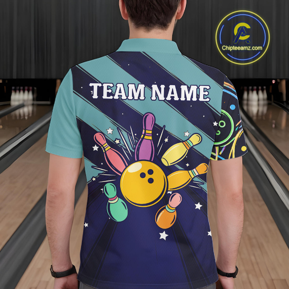 Personalized Funny Neon Bowing Shirt For Men, Retro Bowling Team Jersey Polo & 1/4 Zip | Teal TDM6187