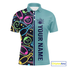 Load image into Gallery viewer, Personalized Funny Neon Bowing Shirt For Men, Retro Bowling Team Jersey Polo &amp; 1/4 Zip | Teal TDM6187