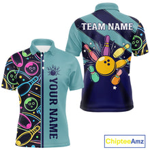 Load image into Gallery viewer, Personalized Funny Neon Bowing Shirt For Men, Retro Bowling Team Jersey Polo &amp; 1/4 Zip | Teal TDM6187